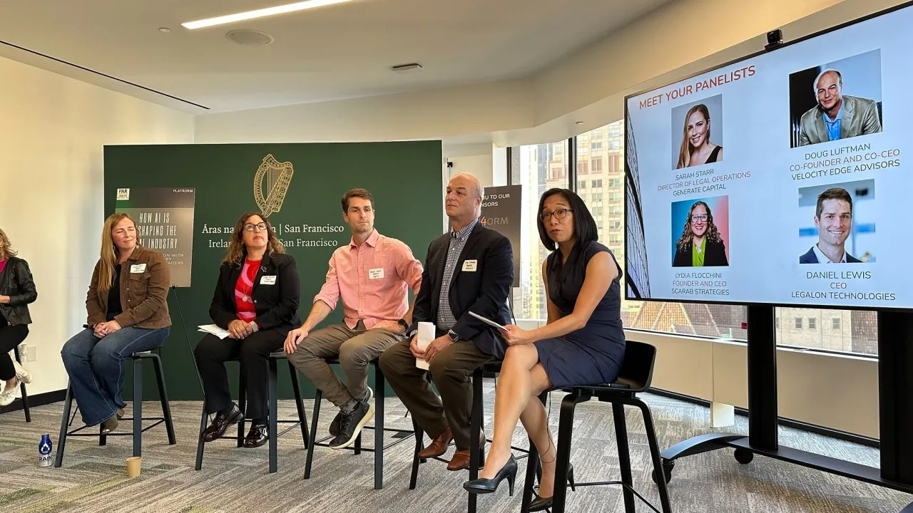 From left to right, Sara Starr, Lydia Flocchini, Daniel Lewis, Doug Luftman, and Stacie Morris at Ireland House, Legaltech panel at SF Tech Week